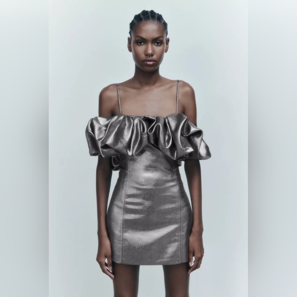ZARA SILVER METALLIC MINI DRESS NWOT VOLUMINOUS DETAIL